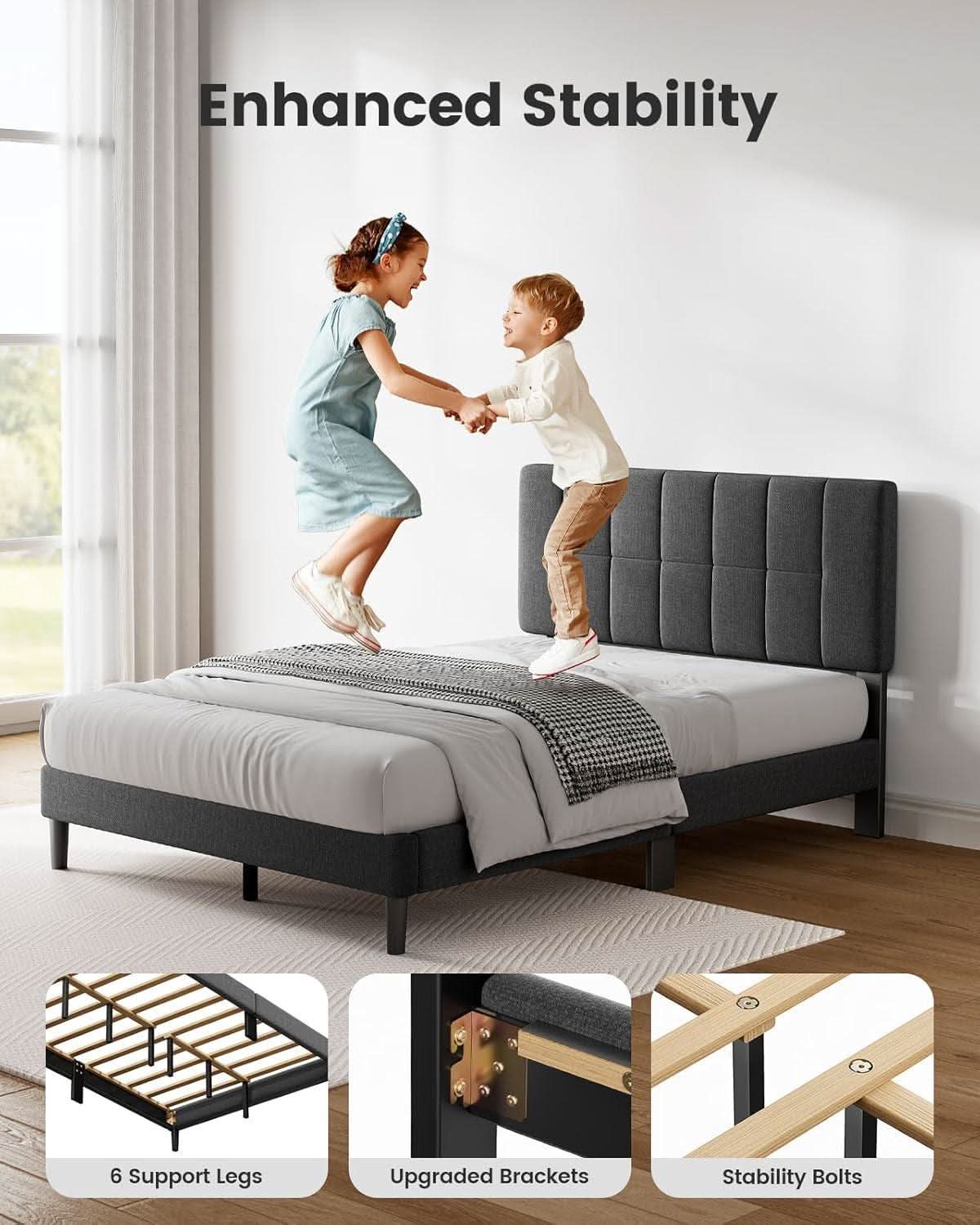 Full Size Upholstered Bed Frame With Adjustable Headboard - Dark Gray