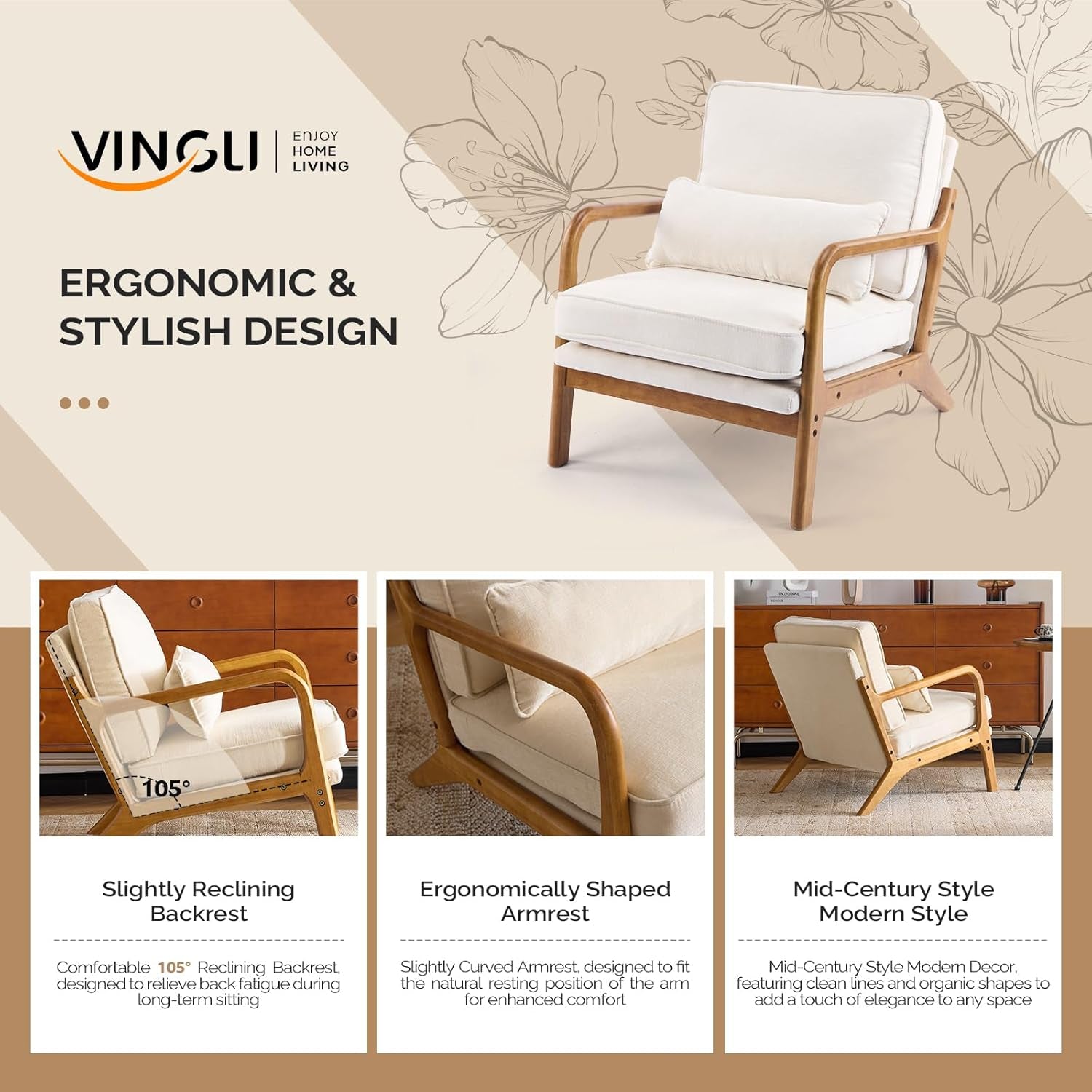 Chenille Mid Century Modern Accent Chair- Set of 2 in Cream