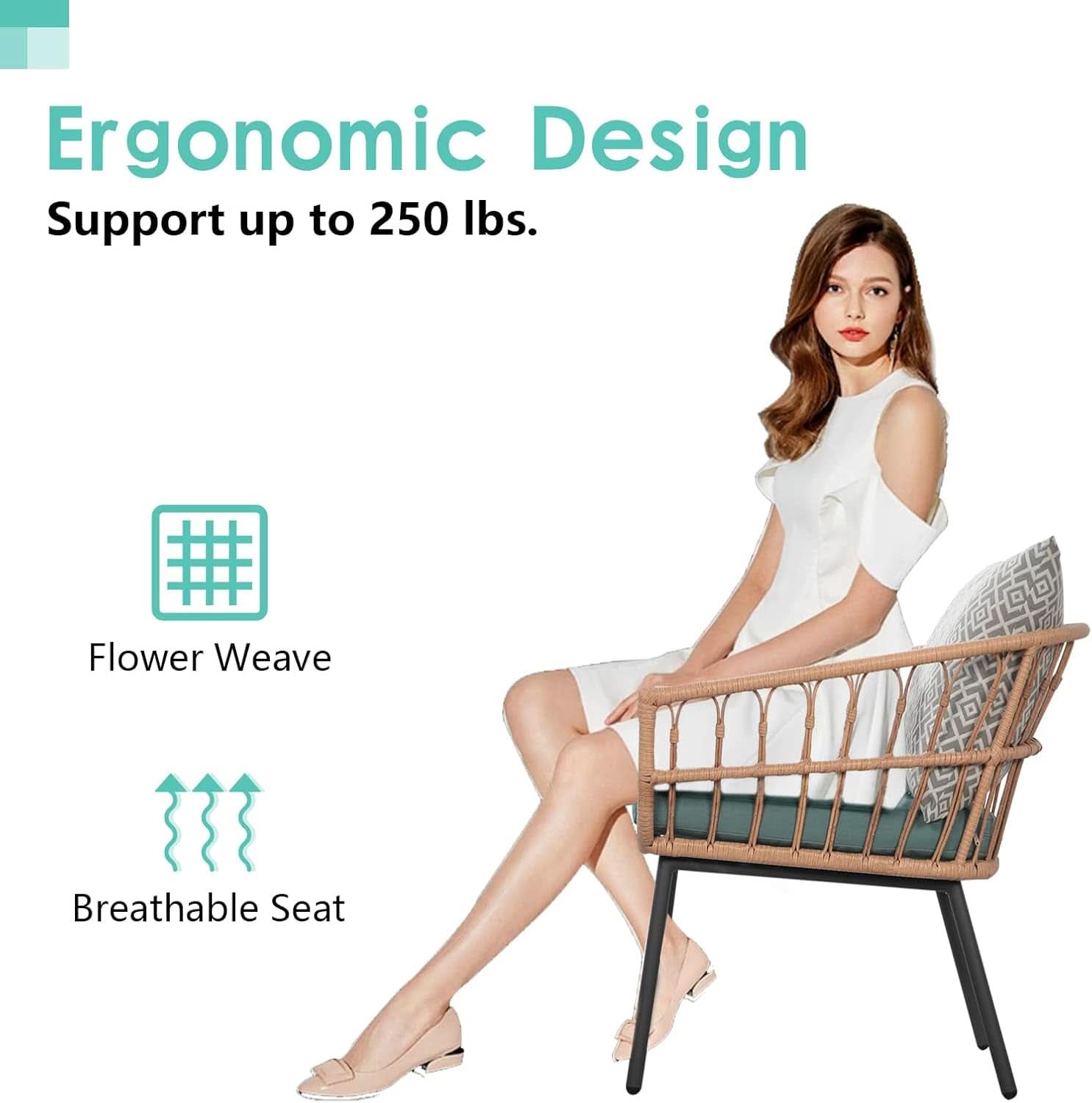 3 Piece Outdoor Conversation Set With Wicker Chairs and Green Cushions