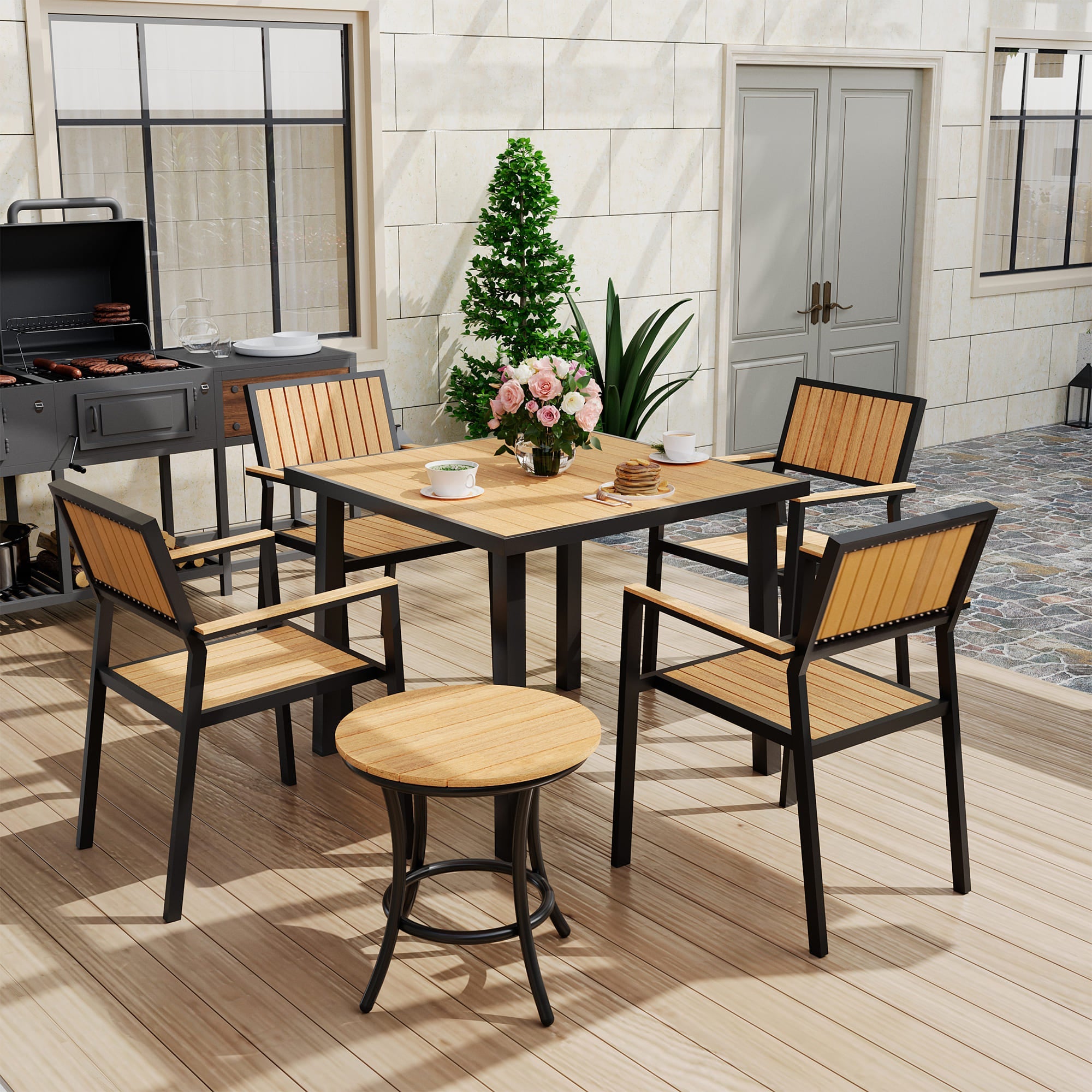 Aluminum and Wood Outdoor Dining Set - 4 Colors, 6-Pc or 8-Pc Set