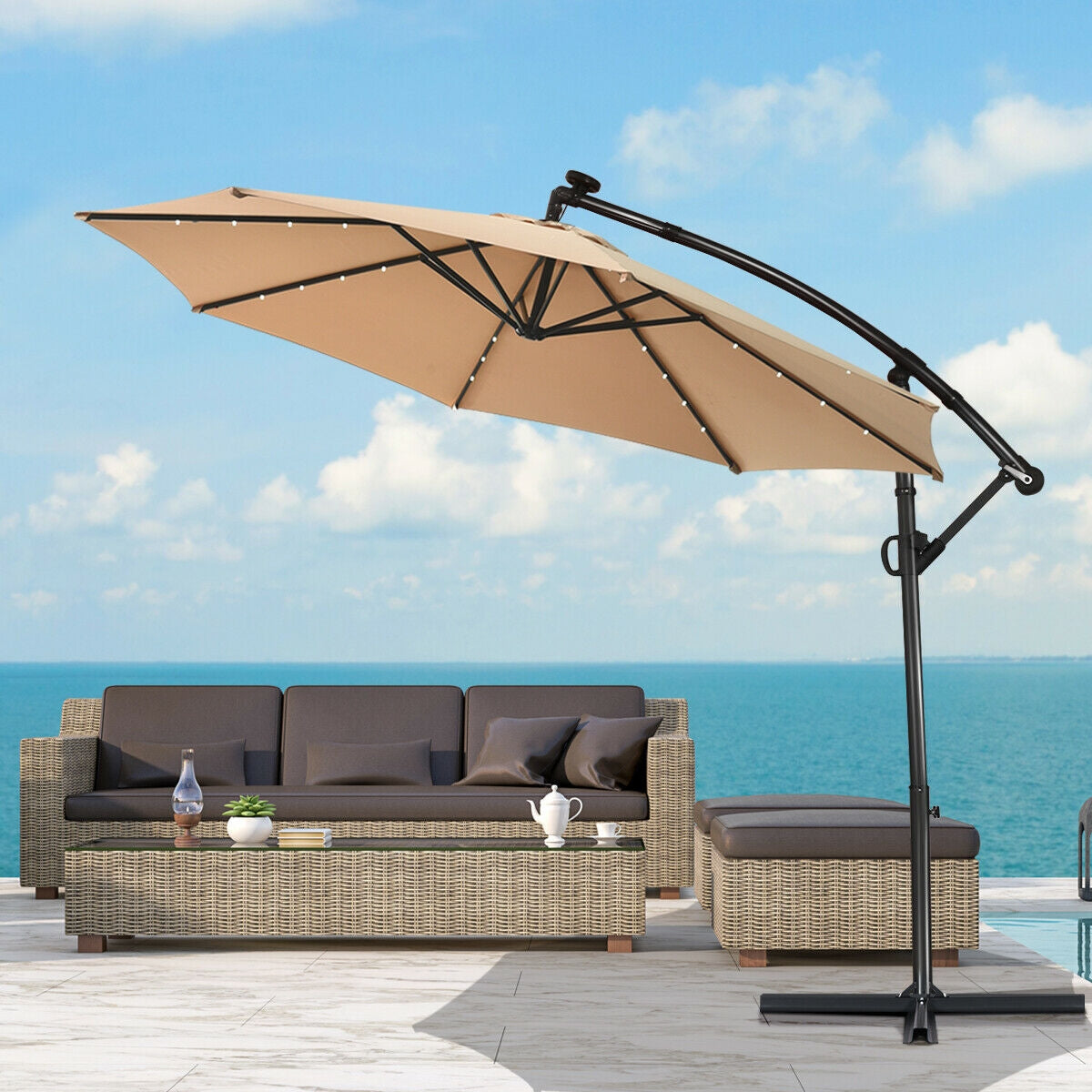 10 ft 360° Rotation Solar Powered LED Patio Offset Umbrella - 8 Colors