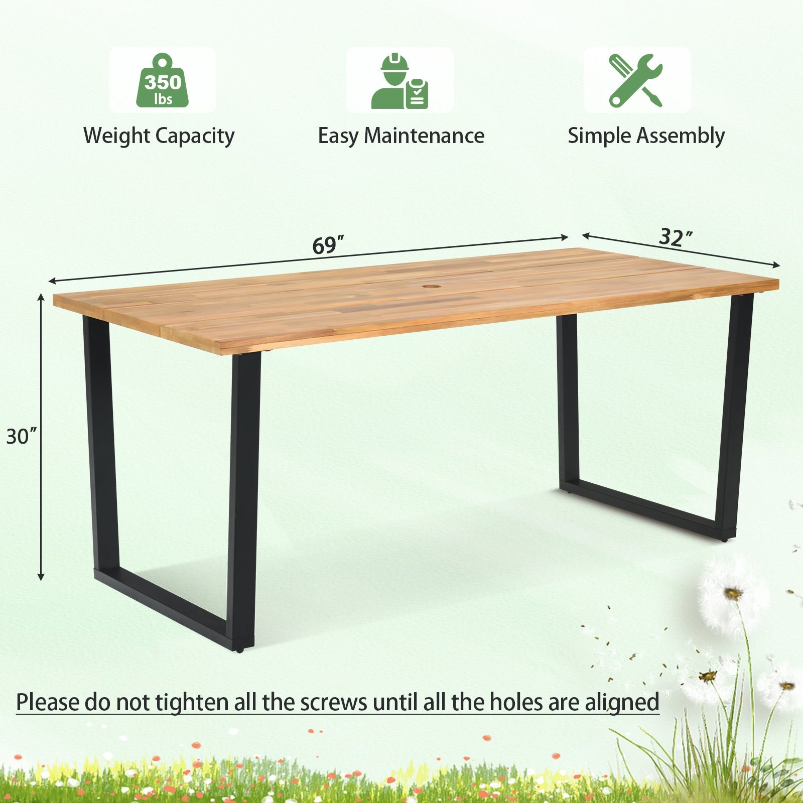 69" Acacia Wood Outdoor Dining Table with 2 Inch Umbrella Hole