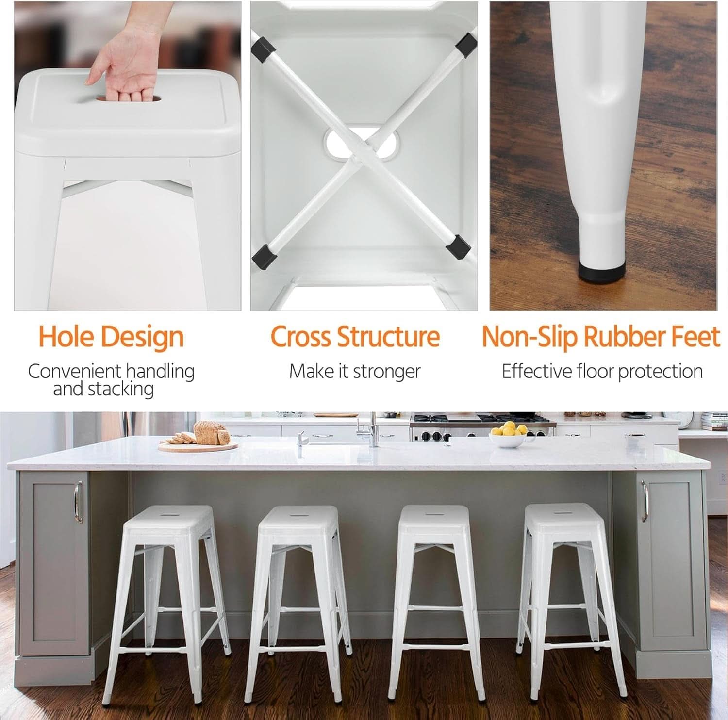 Set of 4 Stacking Metal Indoor/Outdoor Bar Stools- White