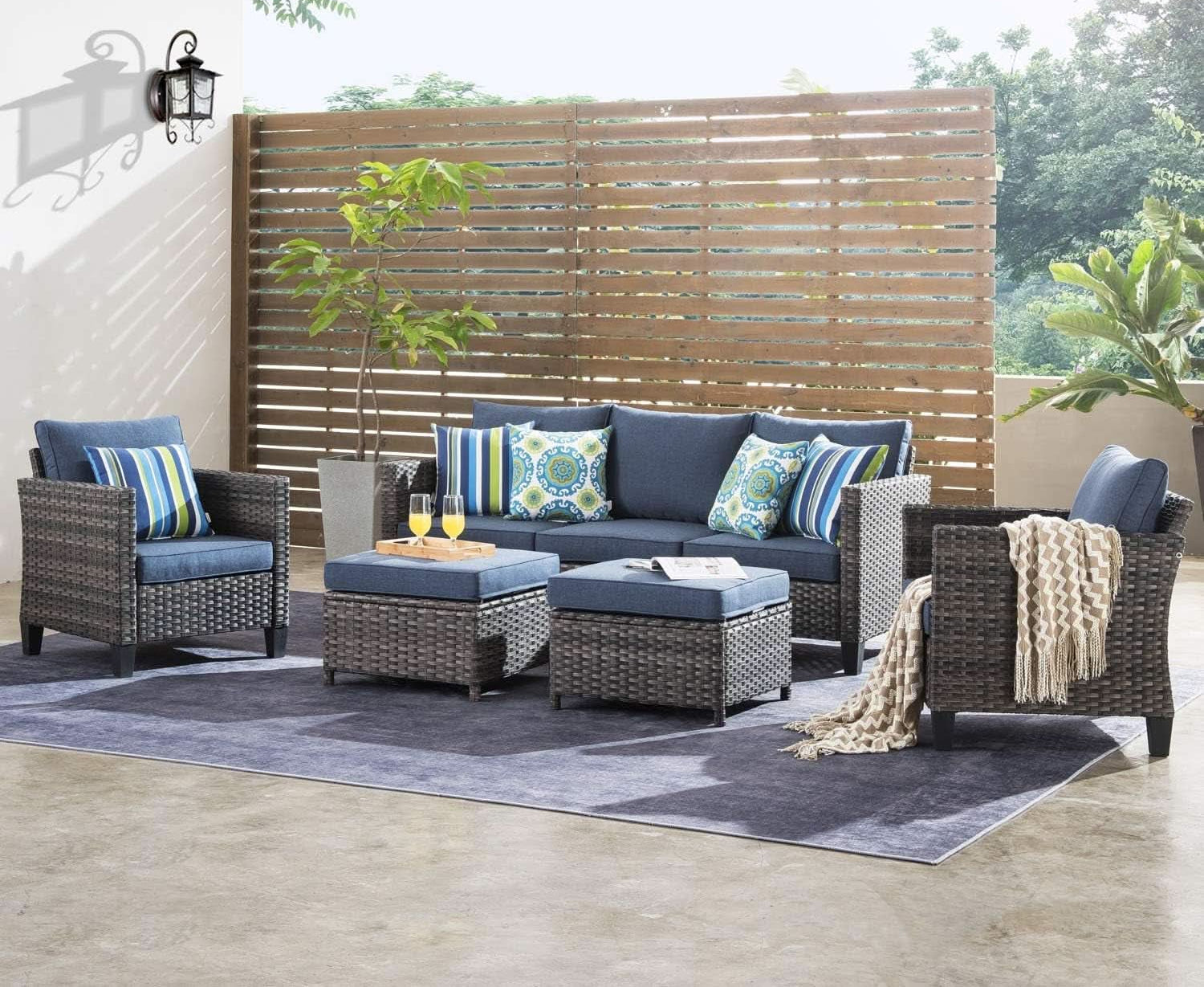 Five Piece Outdoor Wicker Conversation Set in Denim Blue