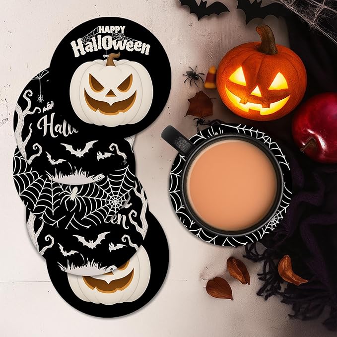 Set of 6 Happy Halloween Absorbent Round Ceramic Stone Drink Coasters with Cork Base and Metal Holder
