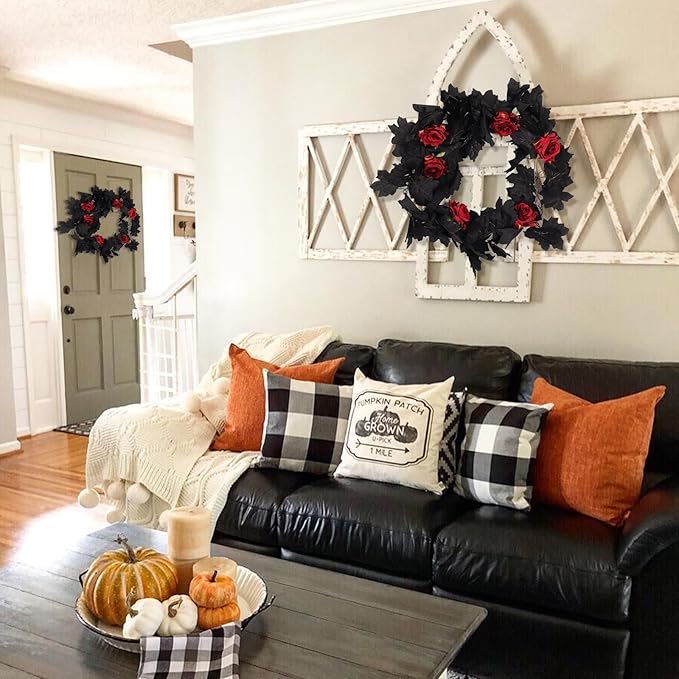 Creepy Halloween Garland with Black Leaves and Blood Red Roses - 2 Pieces, 5.7 Ft
