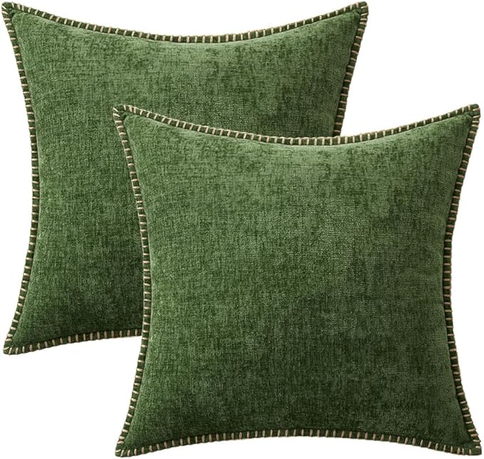 Pack of 2 Moss Green Stitched Edge Soft Chenille Pillow Covers - 18 x 18 inch
