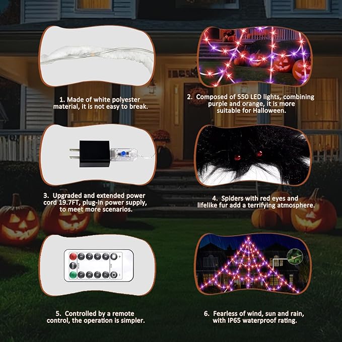 Halloween LED Lighted Spider Web - 16.4 ft Giant Halloween Decoration with 8 Lighting Modes, Orange & Purple