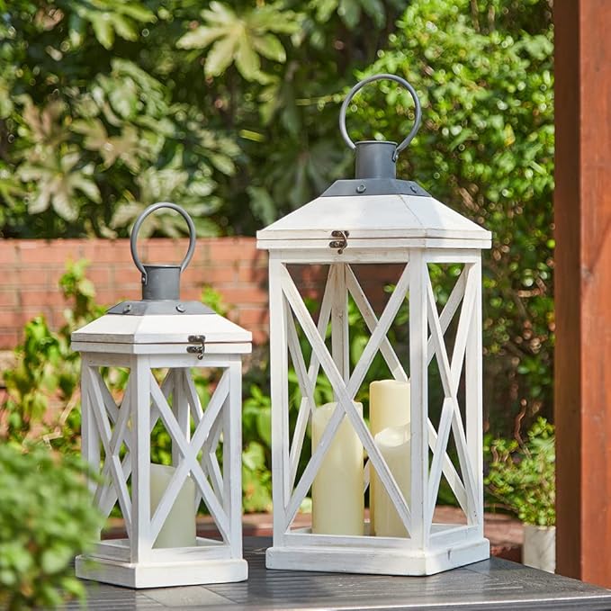 Set of 2 Modern Farmhouse Wooden Outdoor Lanterns - White (No Glass)