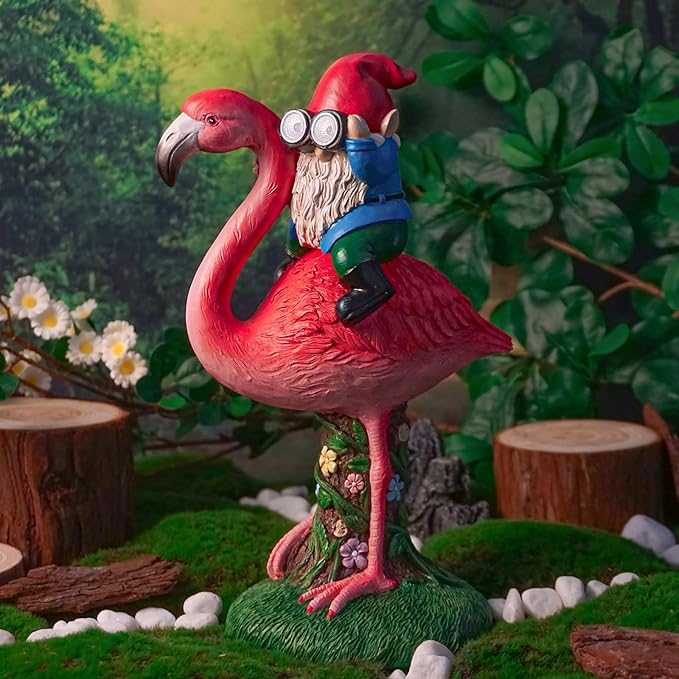 Solar Flamingo Gnome Garden Statue