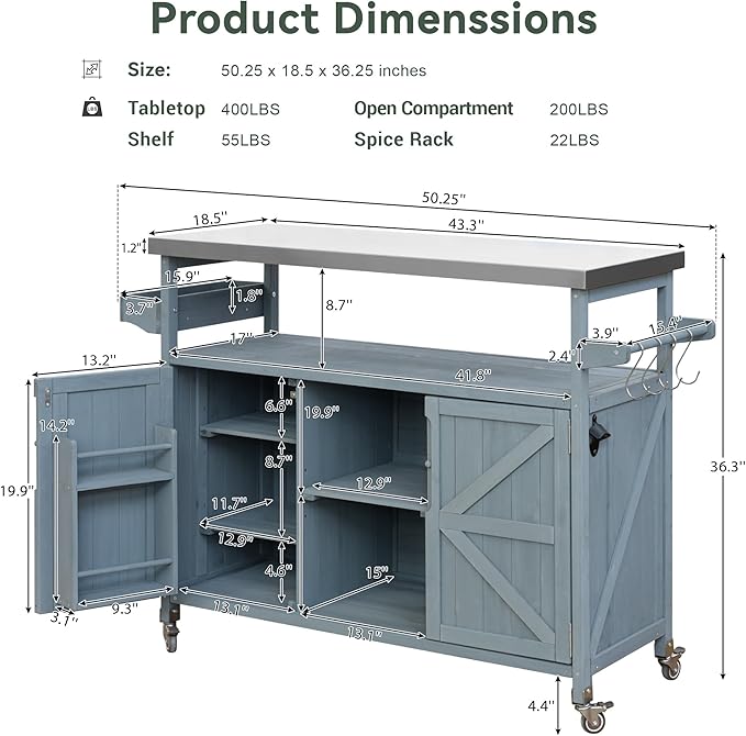 Outdoor Kitchen Island with Internal Storage Rack, Spice & Towel Rack - Robin Blue
