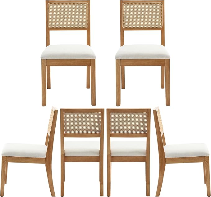 Rattan Dining Room Chairs with Upholstered Cushion, Natural Finish- Set of 6