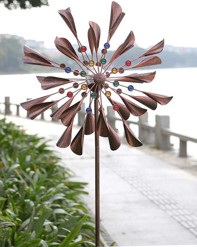 Large Copper Kinetic Wind Spinner - 79 inch with Solar LED Light
