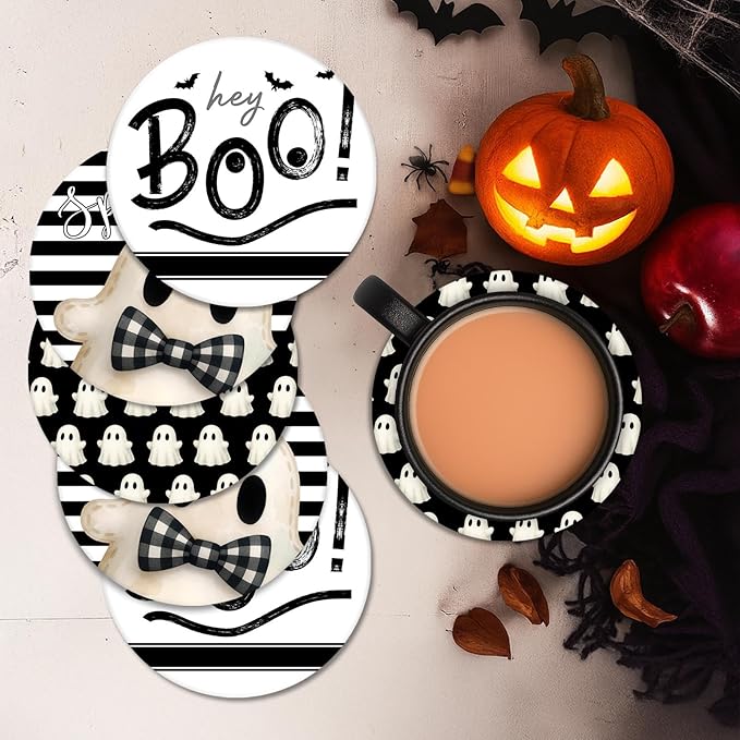 Set of 6 Halloween Hey Boo Black & White Ceramic Stone Drink Coasters with Cork Base and Metal Holder
