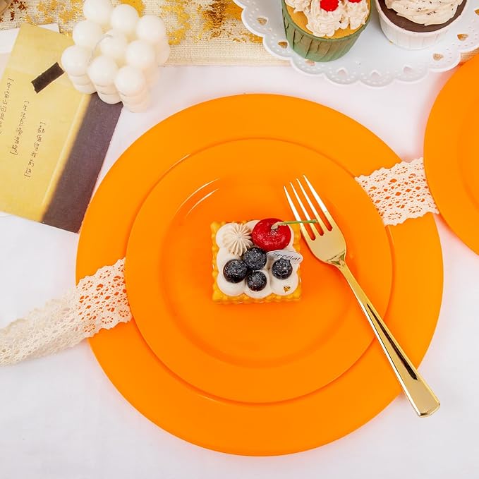 Set of 60 Heavy Duty Orange Plastic Plates Disposable for Halloween & Thanksgiving Parties - Serves 30 Guests