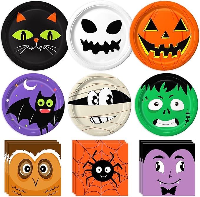 105 Piece Assorted Halloween Paper Plates & Napkins - Serves 30