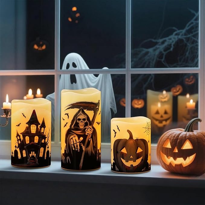 Set of 3 Halloween Flameless Flickering Candles with 6 Hour Timer - Grim Reaper/Haunted House/Pumpkin