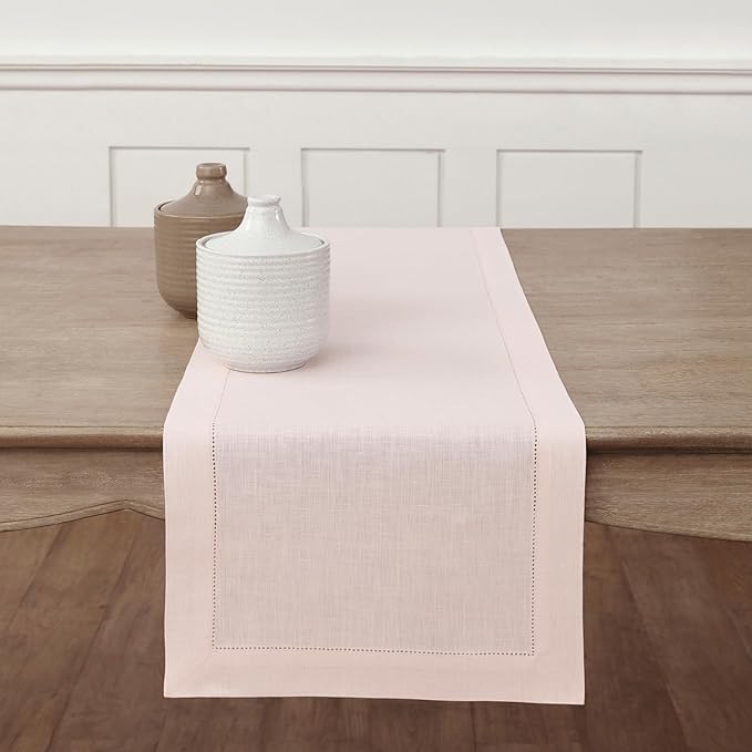 100% Pure Linen Hemstitch 14 x 90 Inch Table Runner - Pale Pink