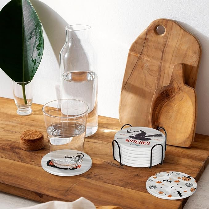 6 Piece Set Halloween Ceramic Drink Coasters with Metal Holder and Cork Base