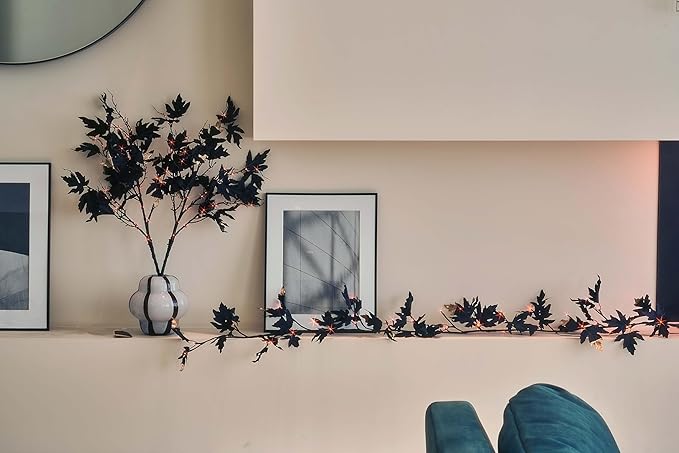 Halloween Black Maple Garland with Lights & Timer
