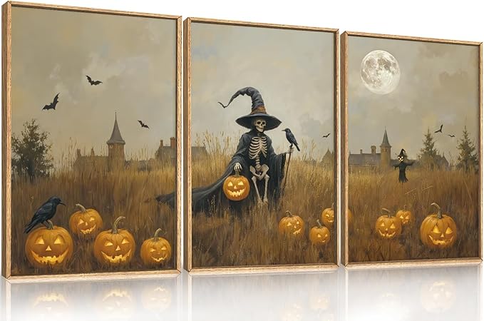 Vintage Halloween Ghost Reaper Framed Wall Art Set