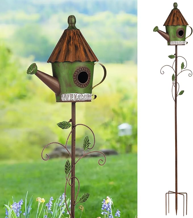 BAYN 57” Metal Watering Can Birdhouse Garden Stake