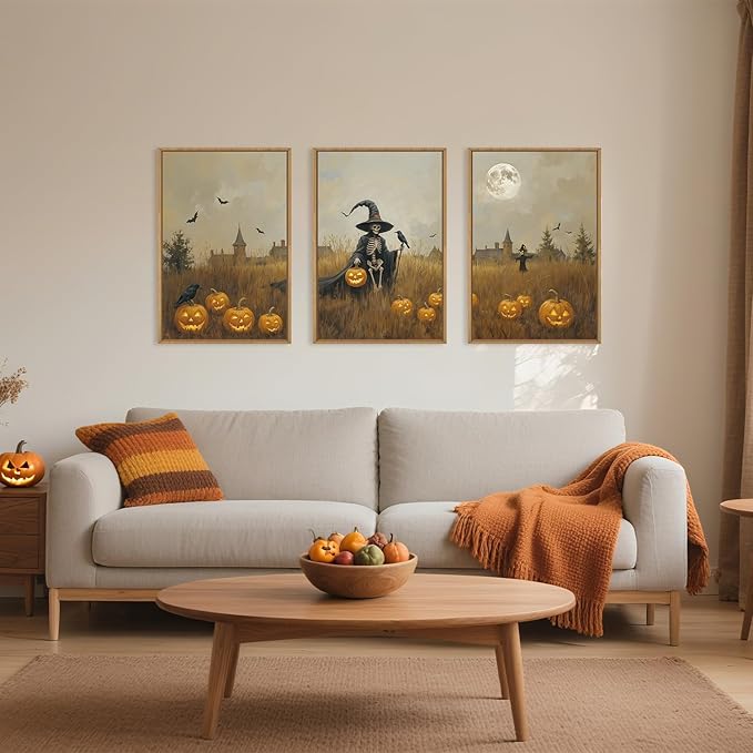Vintage Halloween Ghost Reaper Framed Wall Art Set