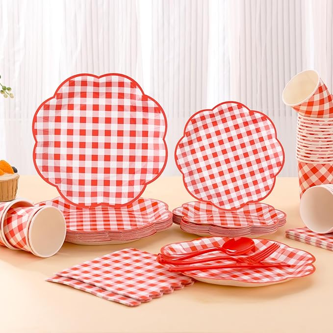 350 Pcs Red Gingham Plates and Napkins Party Supplies