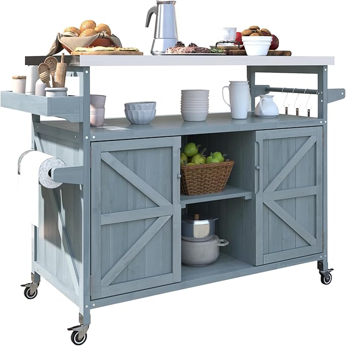 Outdoor Kitchen Island with Internal Storage Rack, Spice & Towel Rack - Robin Blue