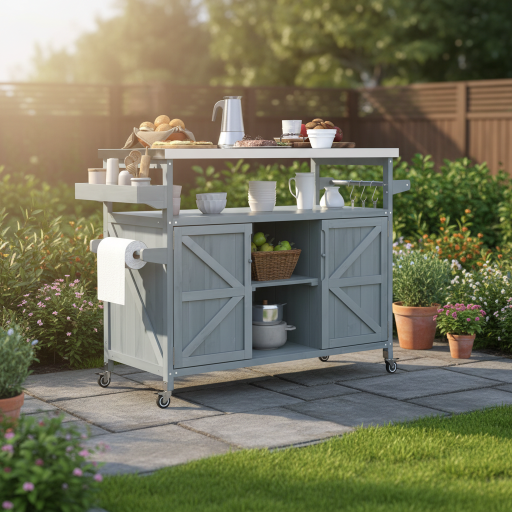 Outdoor Kitchen Island with Internal Storage Rack, Spice & Towel Rack - Robin Blue