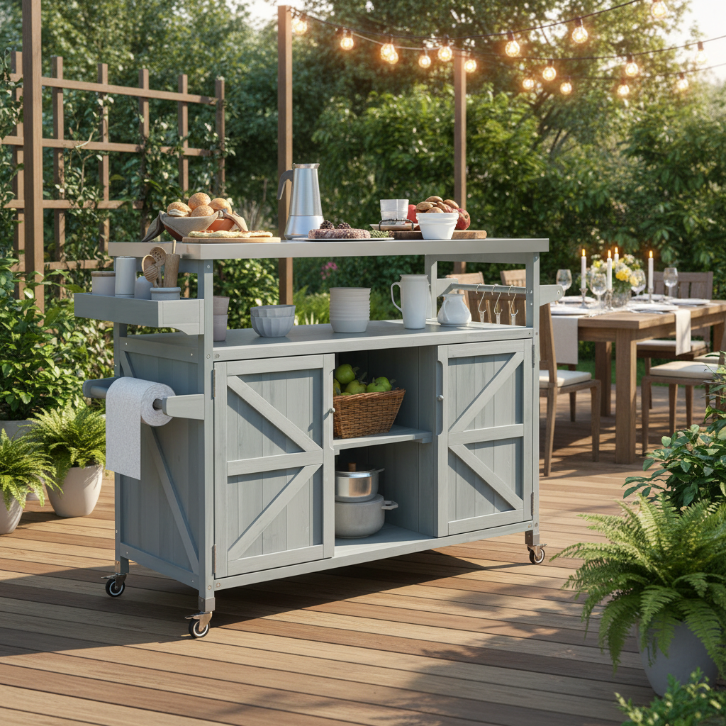 Outdoor Kitchen Island with Internal Storage Rack, Spice & Towel Rack - Robin Blue