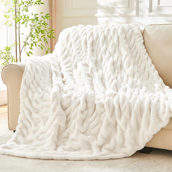 Soft and Cozy Ruched Faux Rabbit Fur Blanket - Cream, 50 x 60 inch