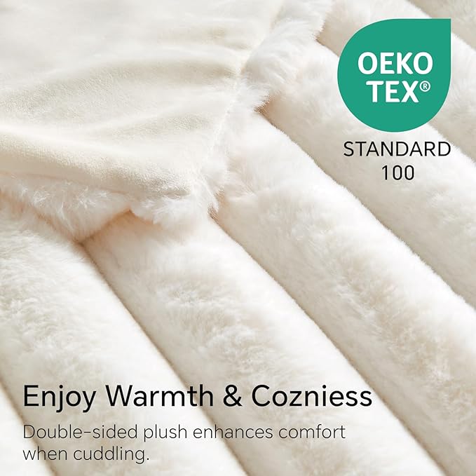 Super Soft and Cozy Faux Rabbit Fur Throw Blanket - Cream, 60 x 80 inch