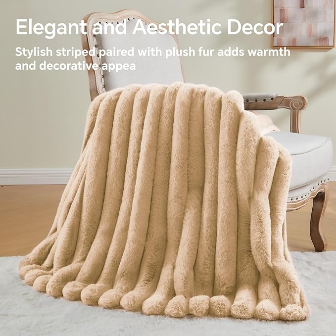 Soft and Cozy Luxurious Faux Fur Throw Blanket - Light Brown, 60 x 80 inch