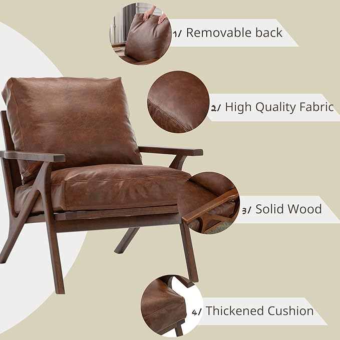 Wahson Brown Leather Mid-Century Modern Accent Chair and Ottoman Set in Faux Leather