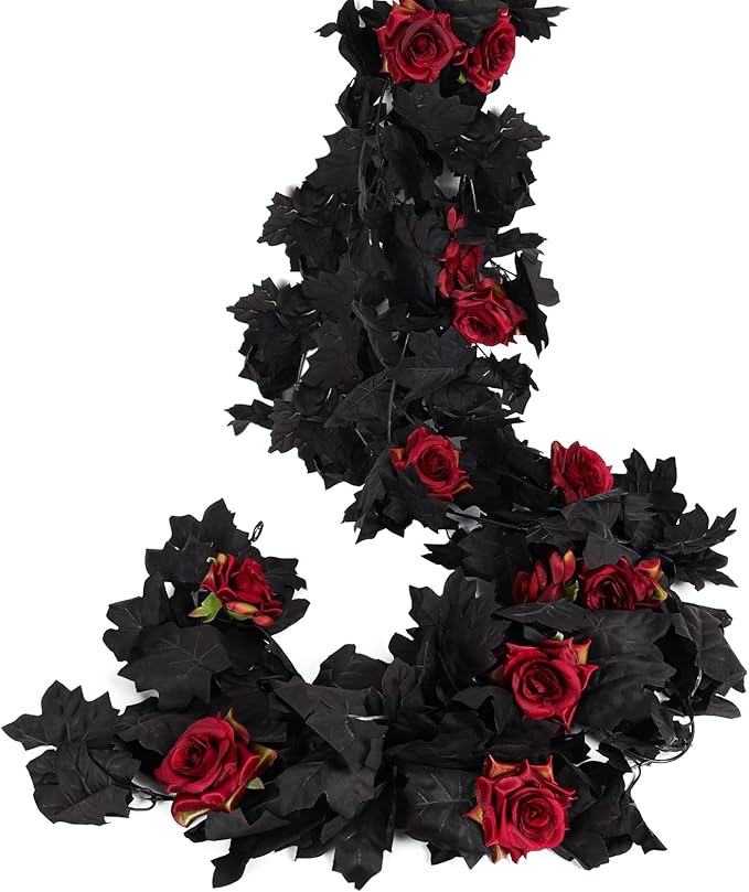 Creepy Halloween Garland with Black Leaves and Blood Red Roses - 2 Pieces, 5.7 Ft