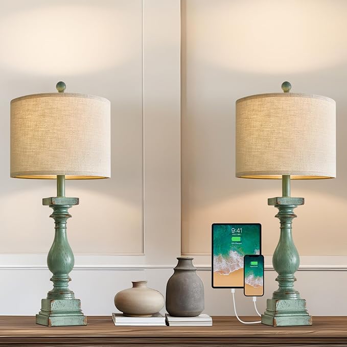 Set of 2 Farmhouse Table Lamps with USB A+C - Green