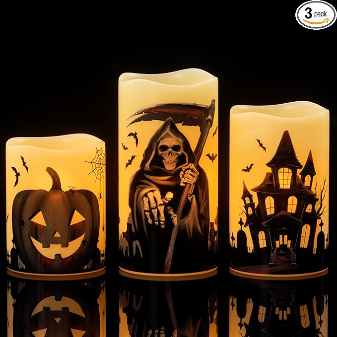 Set of 3 Halloween Flameless Flickering Candles with 6 Hour Timer - Grim Reaper/Haunted House/Pumpkin