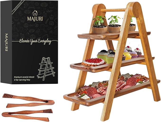 3 Tier Wooden Serving Tray with Tongs