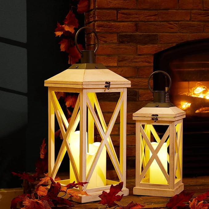 Set of 2 Modern Farmhouse Wooden Outdoor Lanterns - White (No Glass)