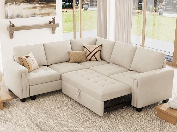 Belffin Modular Sectional Sleeper Sofa with Pull Out Couch Bed in Beige Velvet