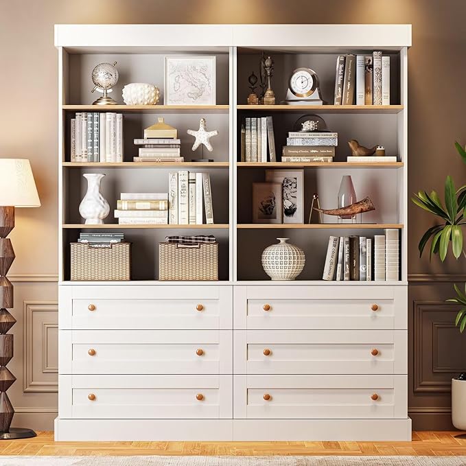 Tall Farmhouse Bookshelves with Drawers, Set of 3 – White