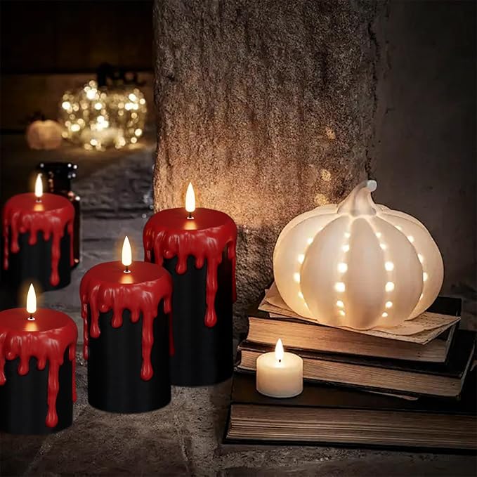 Set of 3 Halloween Flameless Candles with 6H Timer - Black/Red