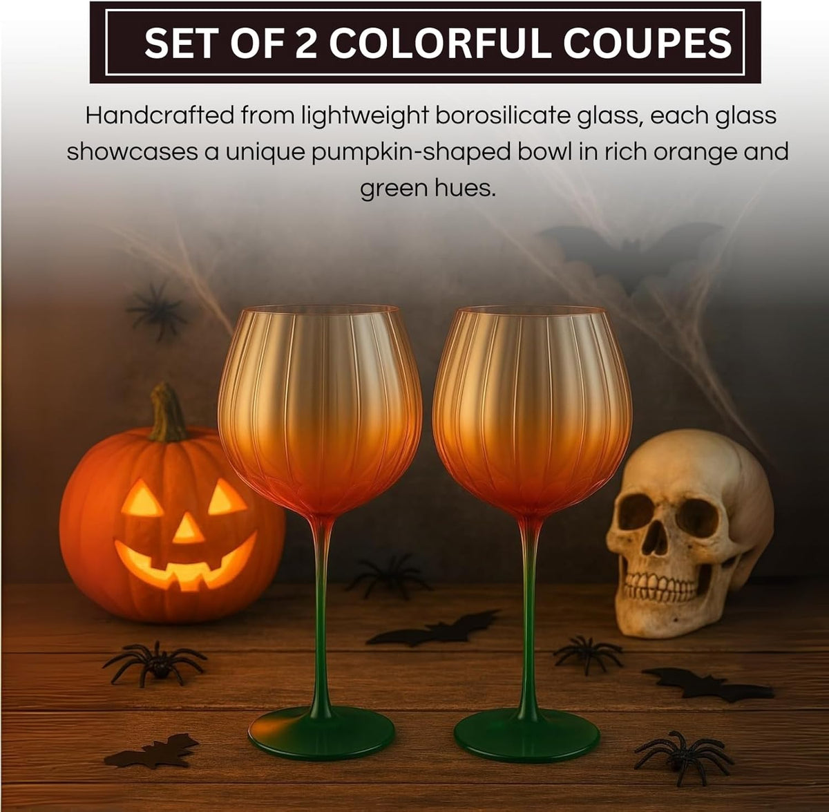 Pumpkin Lightweight Wine Glasses - Set of 2 Orange & Green