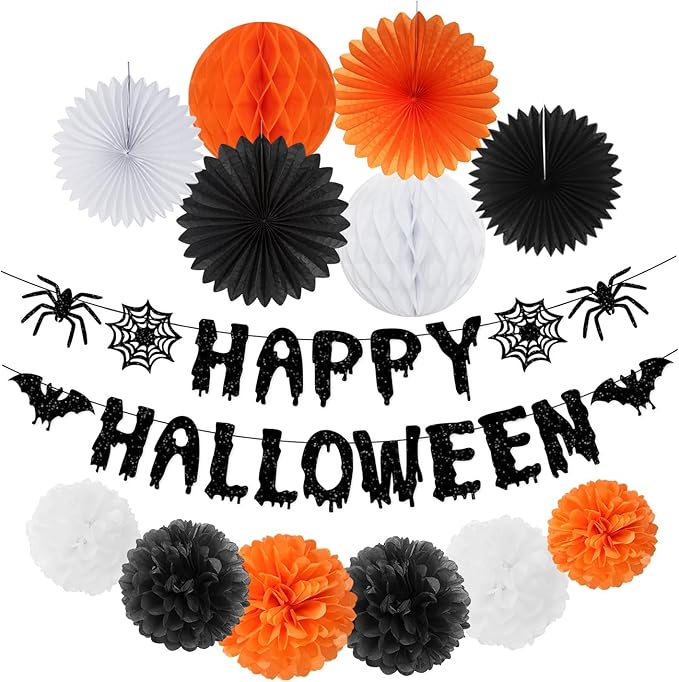 13 Piece Orange & Black Halloween Party Decorations - Banner + Poms