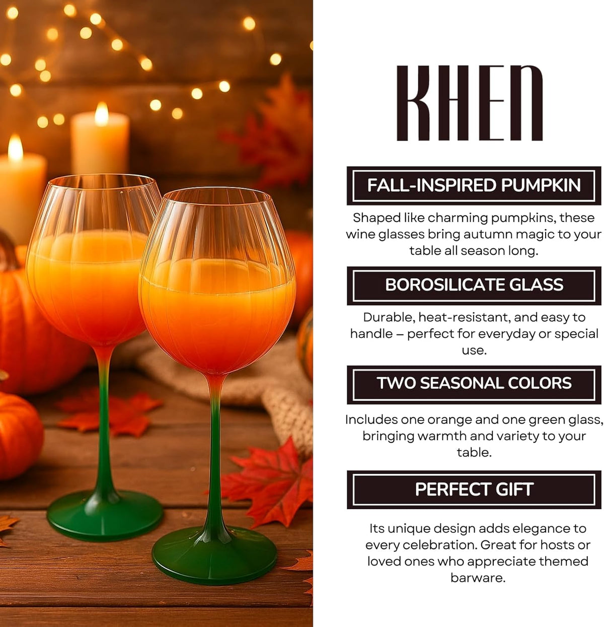 Pumpkin Lightweight Wine Glasses - Set of 2 Orange & Green