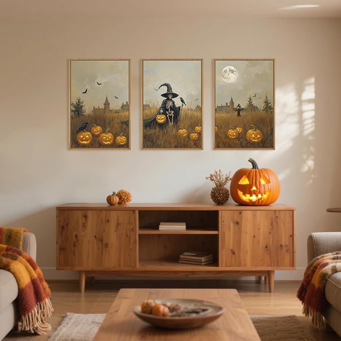 Vintage Halloween Ghost Reaper Framed Wall Art Set