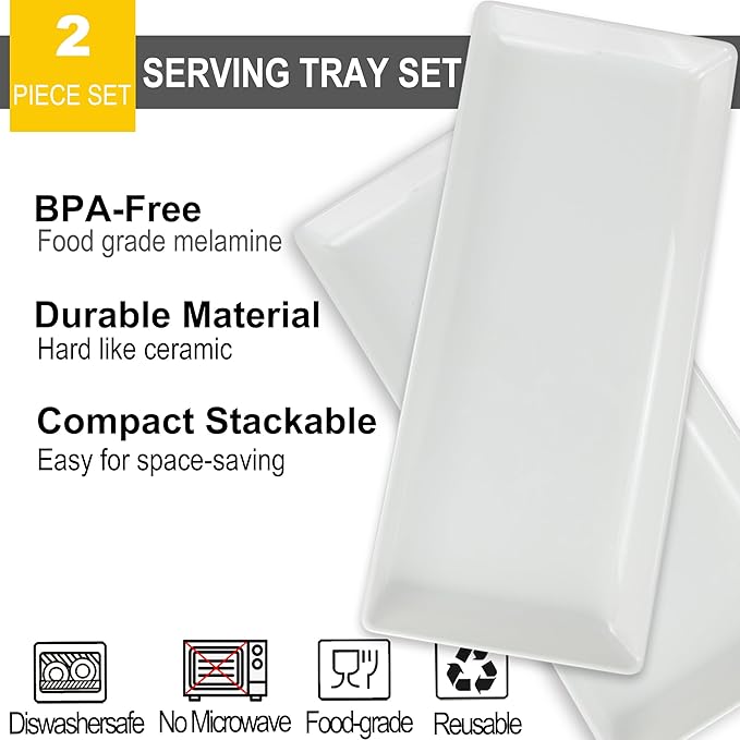 Set of 2 Large Rectangle Serving Trays - White
