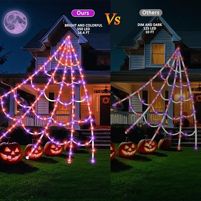Halloween LED Lighted Spider Web - 16.4 ft Giant Halloween Decoration with 8 Lighting Modes, Orange & Purple