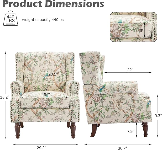 Retro Printed Wingback Arm Chair - Bird Pattern